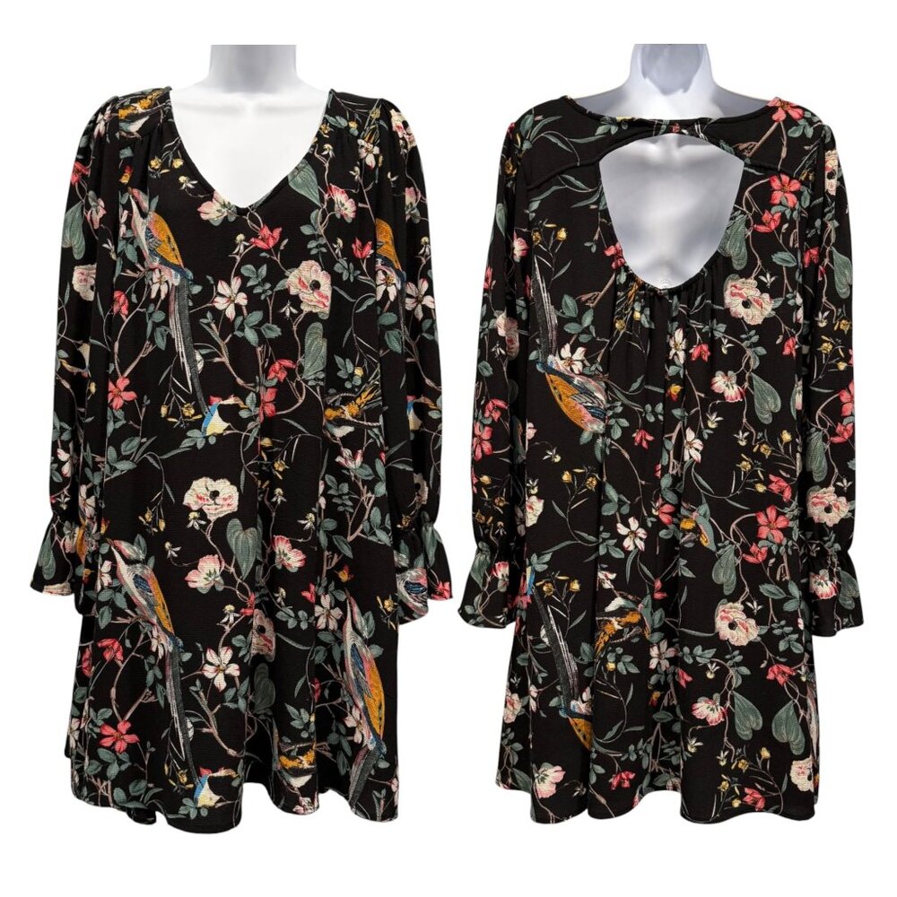 Black Floral Bird Print Mini Swing Dress Size XL Dark Cottagecore Romantic Boho
